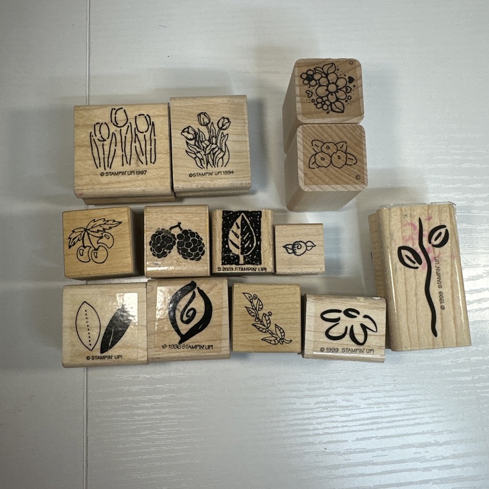 Wooden Rubber Stamps - Lot of‎ 13 - Flowers, Leaves & Fruit - Mixed Brands
